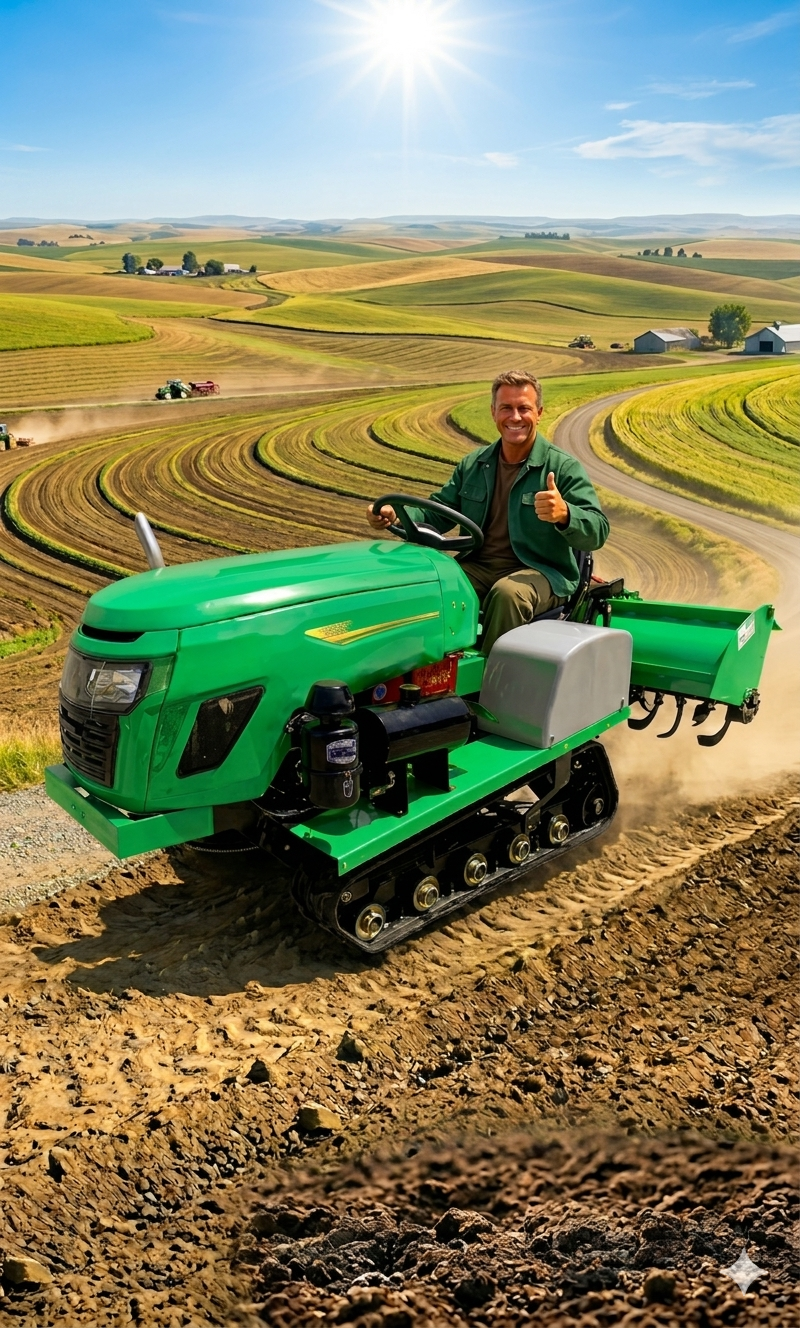 Reliable high-performance green crawler tractor working on a sloped farm field.