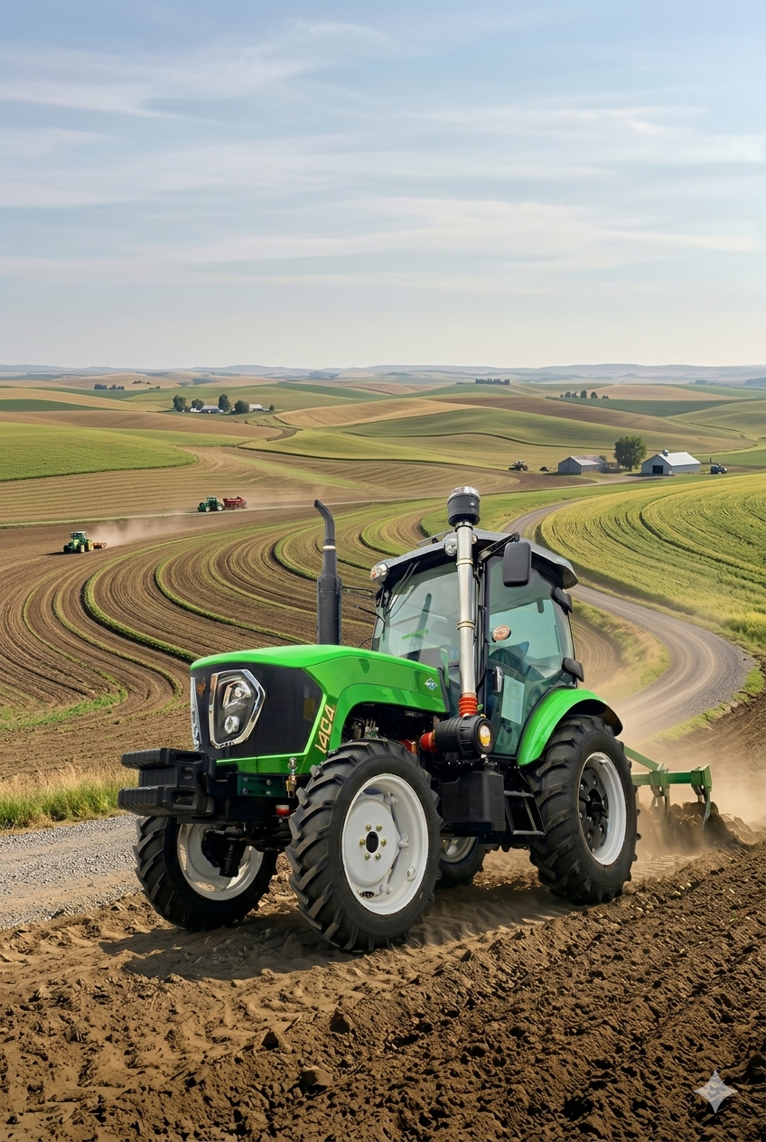 Yantai Reliable Machinery 1404 wheel tractor with superior traction for hilly farm operations.