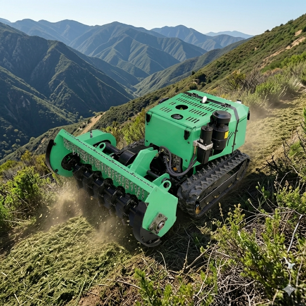 Yantai Reliable Machinery remote control front-mount flail mower crushing shrubs and grass on a 50-degree slope.
