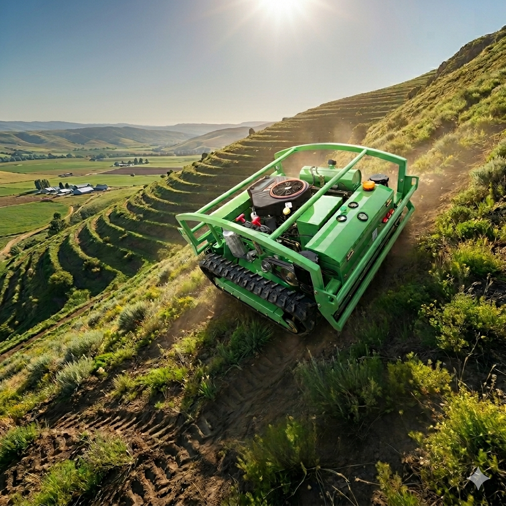 Remote control slope mower climbing a 50 degree steep hill
